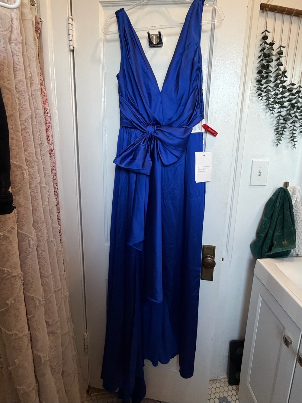 NWT Mac Duggal Royal Blue High-Low Evening Gown with Bow